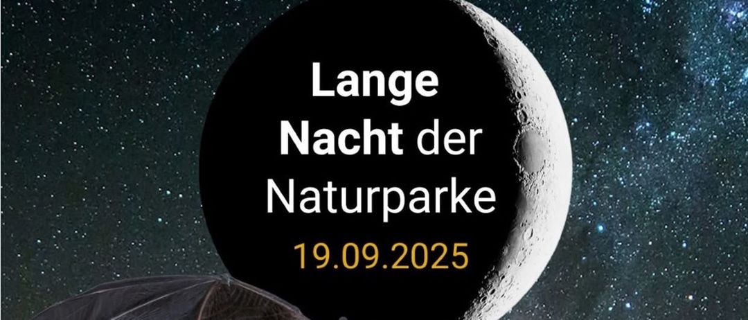 Plakat mit einer Fledermaus, die in der Nähe eines Mondes fliegt, mit dem Text Lange Nacht der Naturparke 19.09.2025 und einer Eule im Vordergrund.
