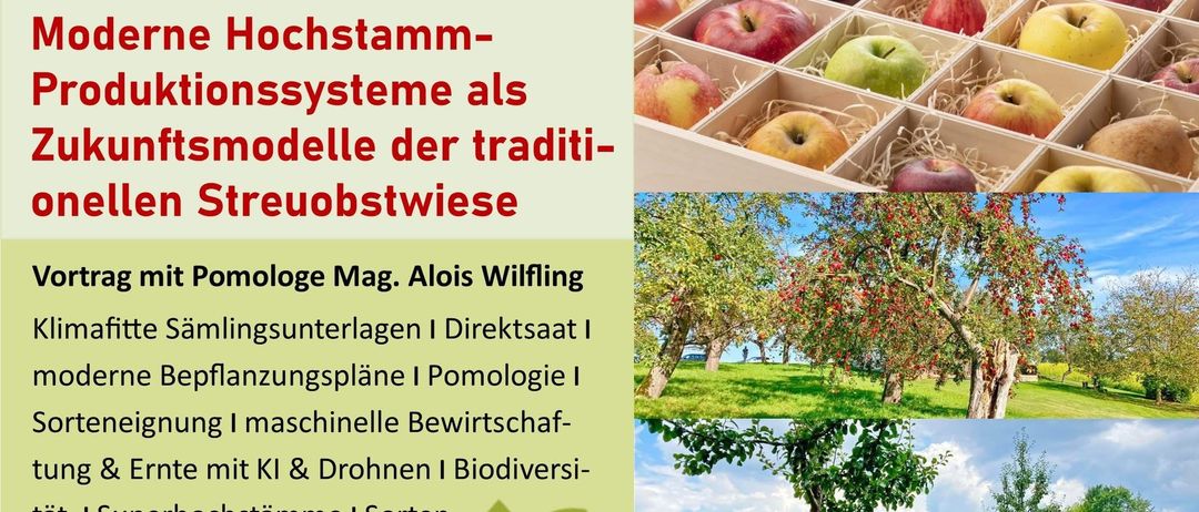 Veranstaltungsflyer mit Apfelbild und verschiedenen landwirtschaftlichen Inhalten. Der Text enthält Details über ein Seminar am 23. Oktober 2025 und Registrierungsinformationen. Bilder zeigen Äpfel, Obstgärten und landwirtschaftliche Maschinen.