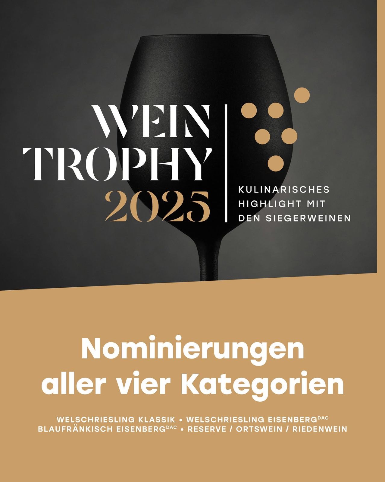 Plakat für die Wein Trophy 2025 mit einem schwarzen Weinglas und den Worten 'Wein Trophy 2025' auf schwarzem Hintergrund. Der Text hebt die kulinarischen Highlights mit den Siegerweinen hervor.