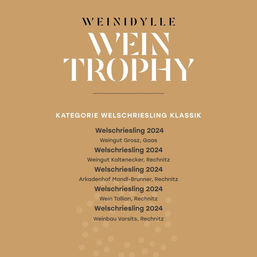 Plakat für den Wein Trophy 2024. Es hat einen beigefarbenen Hintergrund mit dem Titel 'Wein Trophy' in weißem Text. Es listet verschiedene Kategorien auf, einschließlich 'Welschriesling Klassik', wobei jede Kategorie von Weinnamen und deren Produzenten gefolgt wird.