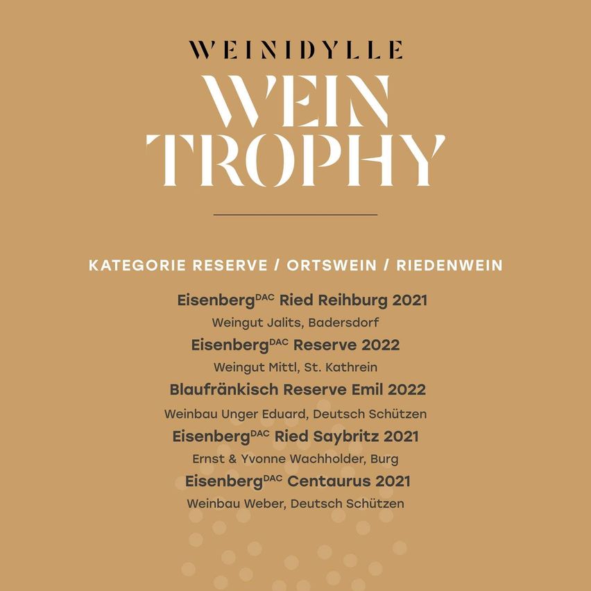 Ein braune Poster zeigt die Wein Trophy Auszeichnung, mit verschiedenen Kategorien und Weinnamen, darunter Eisenberg DAC Ried Reiburg 2021, Eisenberg DAC Reserve 2022 und Blaufränkisch Reserve Emil 2022.