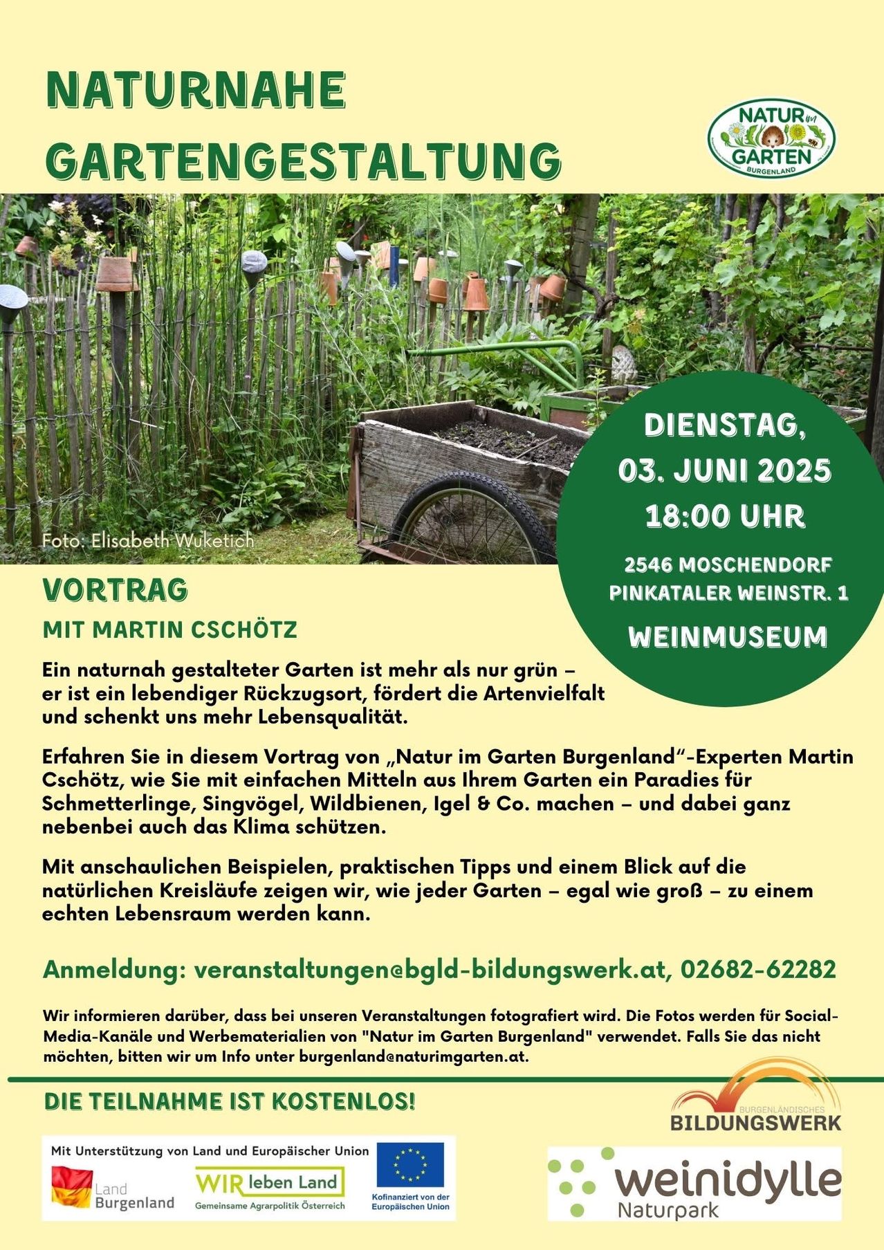 Gartenvortrag von Martin Cschotz am 03. Juni 2025 um 18:00 im Weinmuseum, Moschendorf. Lernen Sie, wie Sie einen Garten für Schmetterlinge und Wildtiere gestalten.