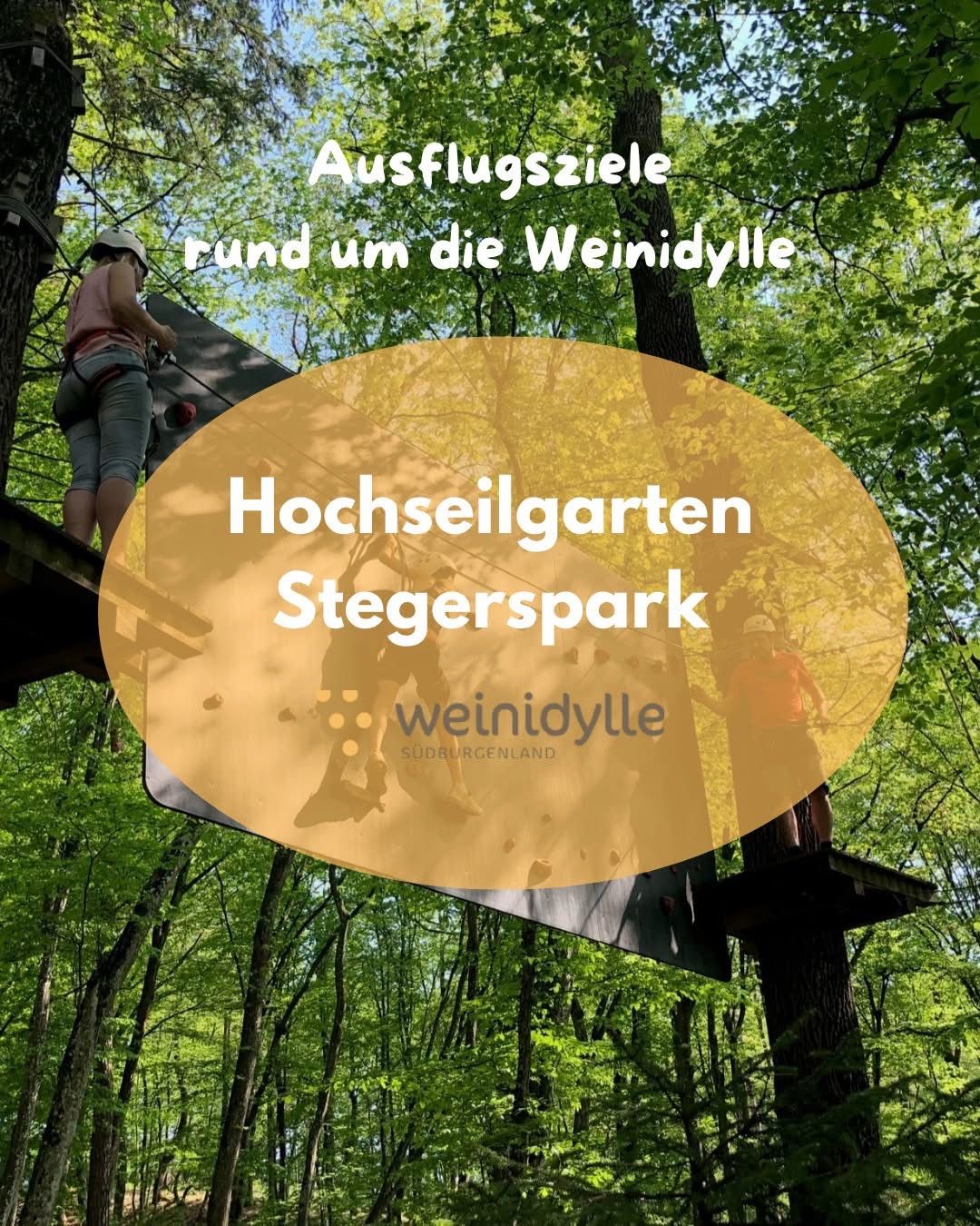 Eine Outdoor-Abenteuertour rund um die Weinidylle. Menschen klettern an einer Kletterwand im Wald. Der Text lautet 'Hochseilgarten Stegerspark Weinidylle Sudburgenland'.