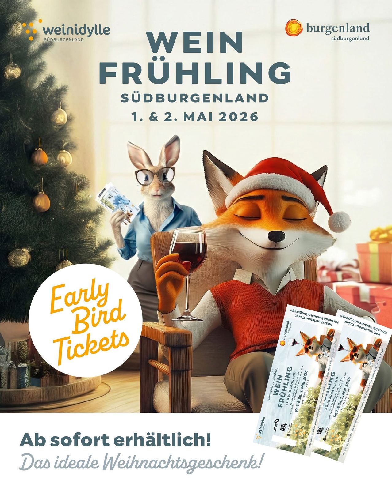 Ein animierter Fuchs mit einem Weihnachtshut sitzt auf einem Stuhl und hält ein Weinglas in der Hand, während ein Hase mit Brille hinter ihm steht. Das Bild bewirbt eine Veranstaltung in Südburgenland am 1. und 2. Mai 2026.
