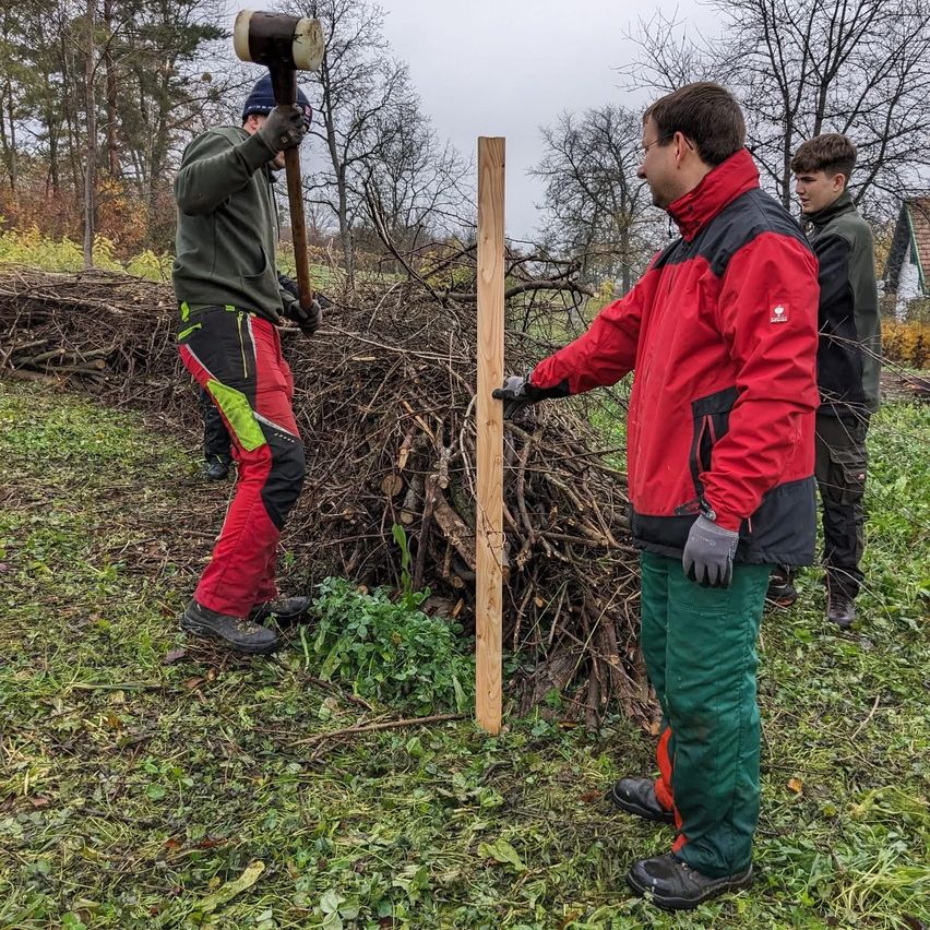 Three men work outdoors on a grassy field, one holding a hammer, another measuring a wooden post, and the third observing.