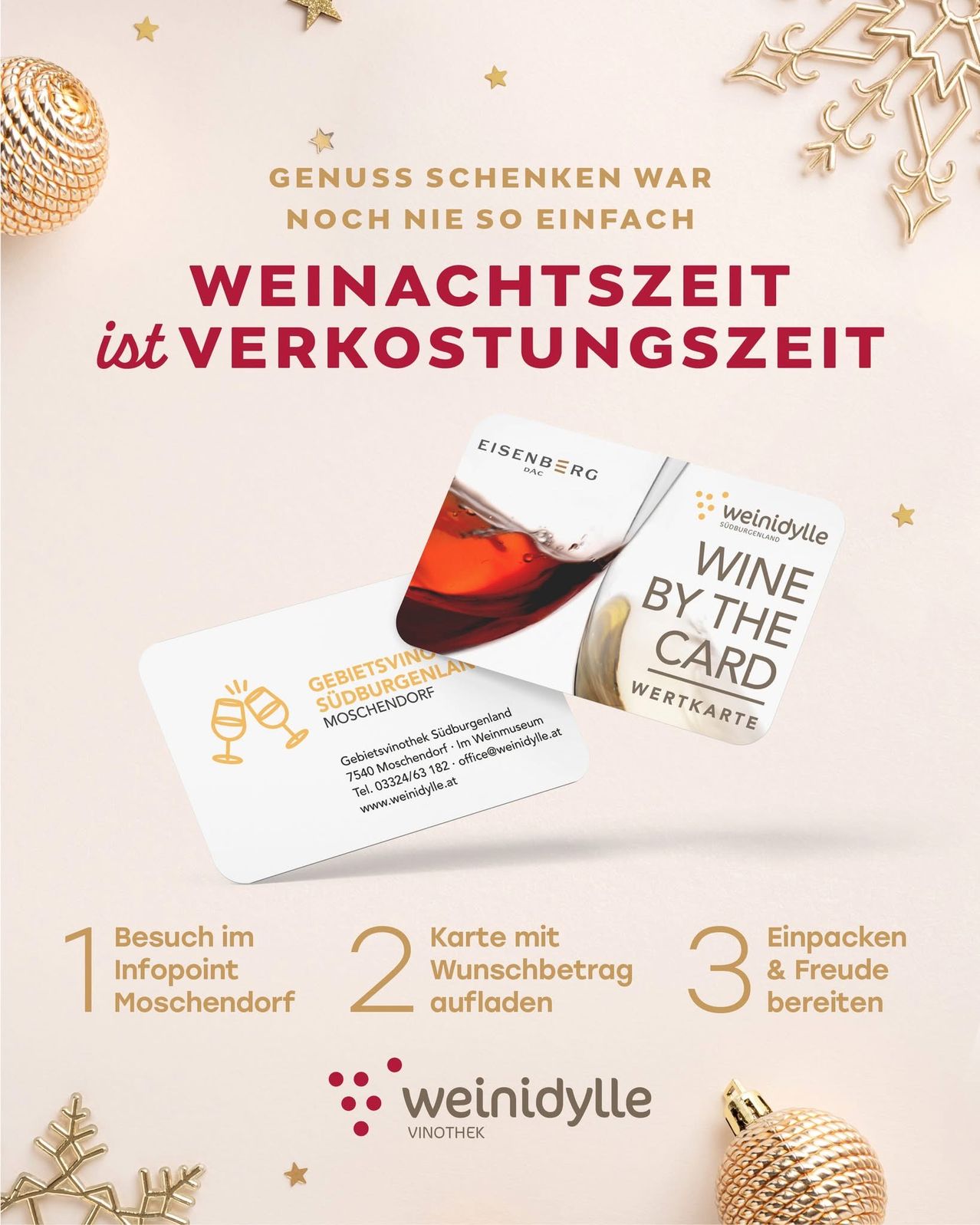An advertisement for wine by the card. The card is displayed with a glass of wine and the brand's logo. The text on the card is German.