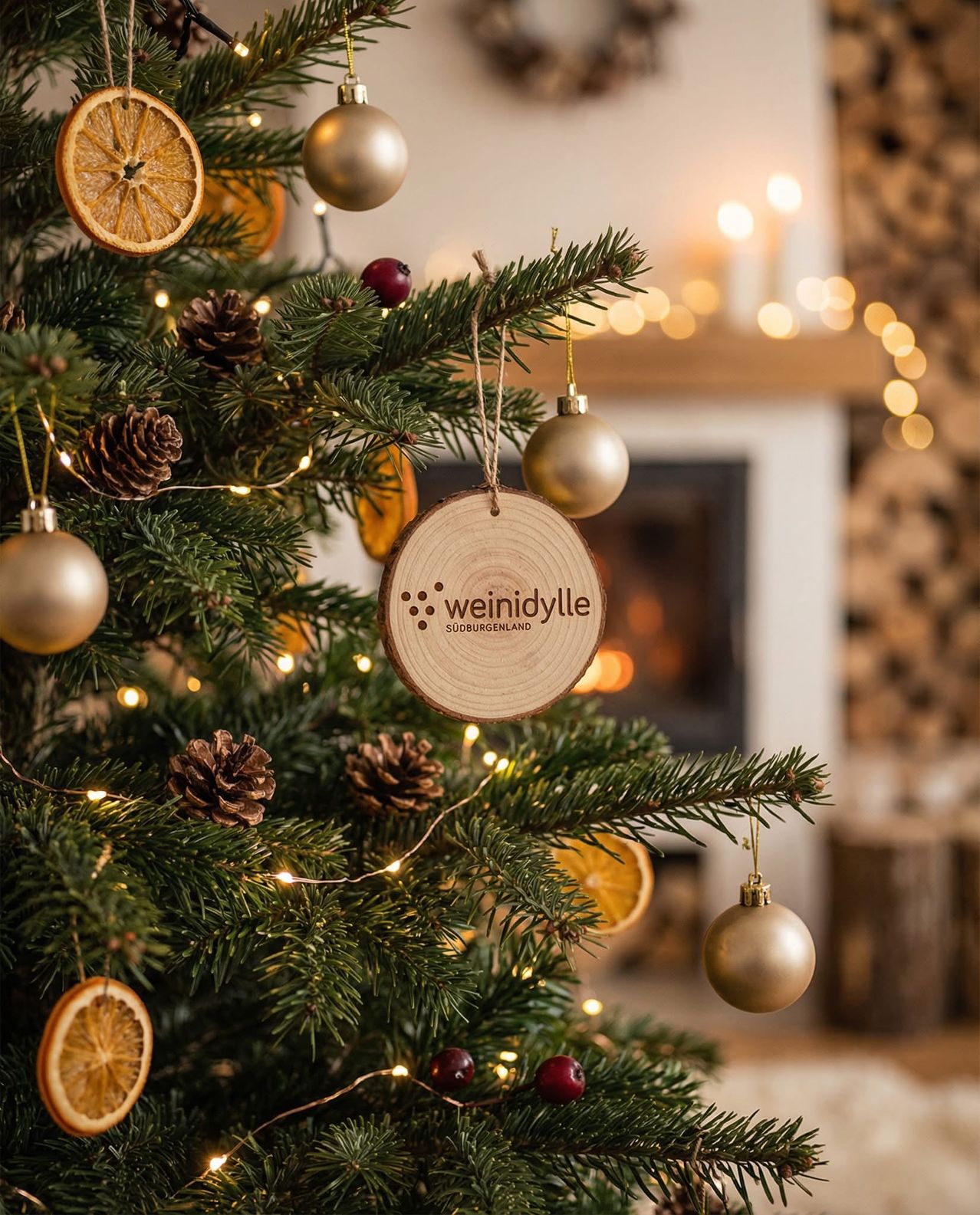 Ein Weihnachtsbaum, geschmückt mit Kugeln, Tannenzapfen und einem Holzornament mit dem Text Weinidylle Sudburgenland. Der Baum ist mit warmen Lichtern beleuchtet und vor einem Kamin aufgestellt.