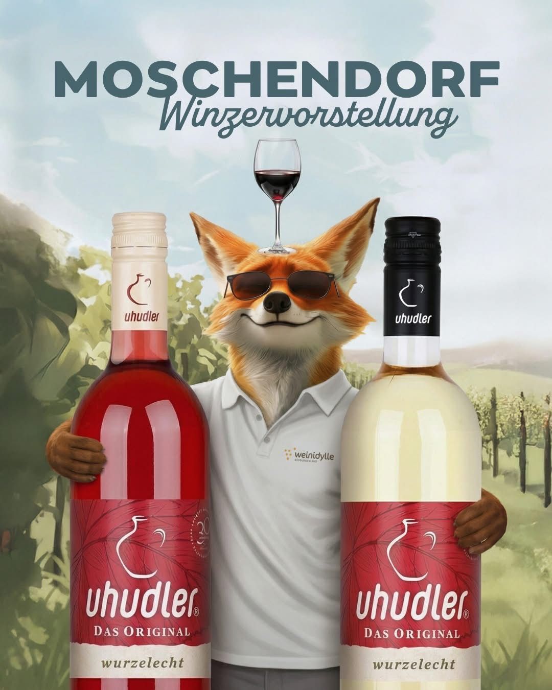 Ein Fuchs mit Sonnenbrillen hält zwei Flaschen Uhudler-Wein, eine rot und eine weiß, mit einem Weinglas auf dem Kopf. Das Bild ist für die Weinpräsentation von Moschendorf.