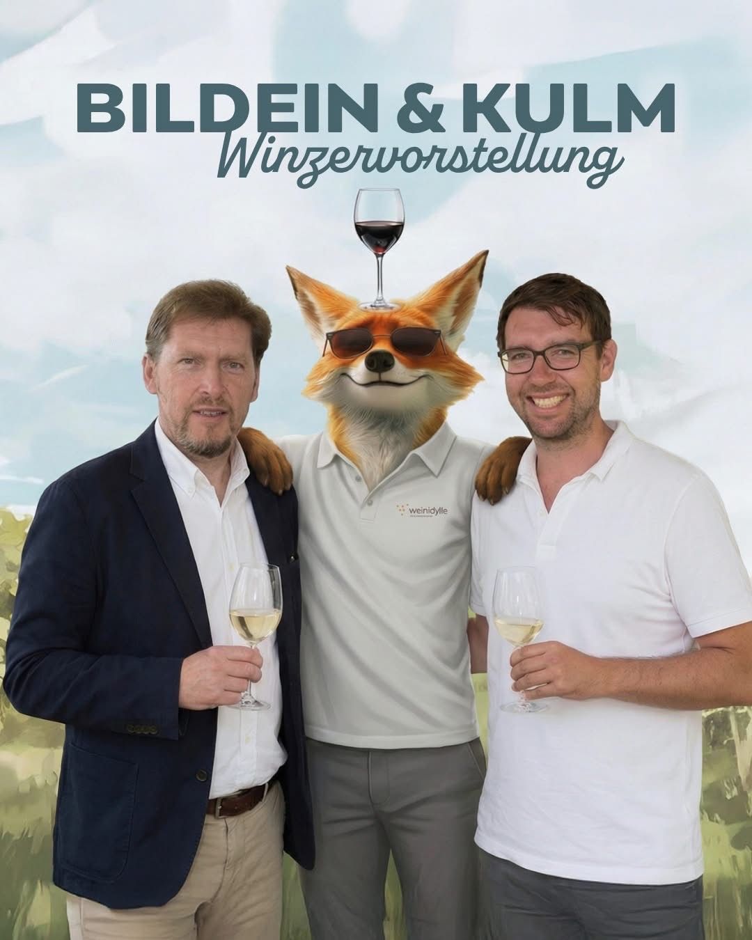 Drei Männer stehen vor einem Weinberg. Einer hält ein Weinglas, und ein anderer hat einen Fuchskopf mit einem Glas obenauf. Sie tragen alle weiße Polo-Shirts.