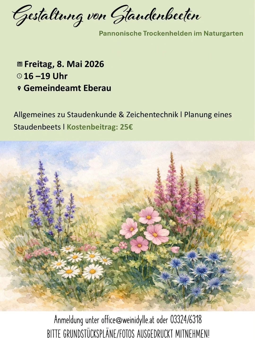 A poster features a floral landscape with various flowers. It includes details about a garden design workshop on Friday, May 8, 2026, from 4-7 PM at the Eberau community hall.