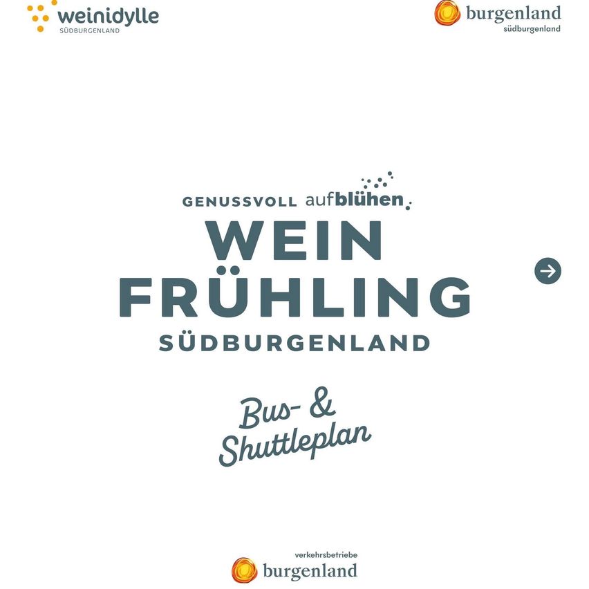 Eine weiße Seite zeigt 'Genussvoll aufblühen' in Fettdruck mit 'WEIN FRÜHLING SÜDBURGENLAND' darunter. Oben links befindet sich ein Logo von 'weinidylle südburgenland', oben rechts 'burgenland südburgenland' und unten 'Bus & Shuttleplan'. Das Bild hat einen weißen Hintergrund.