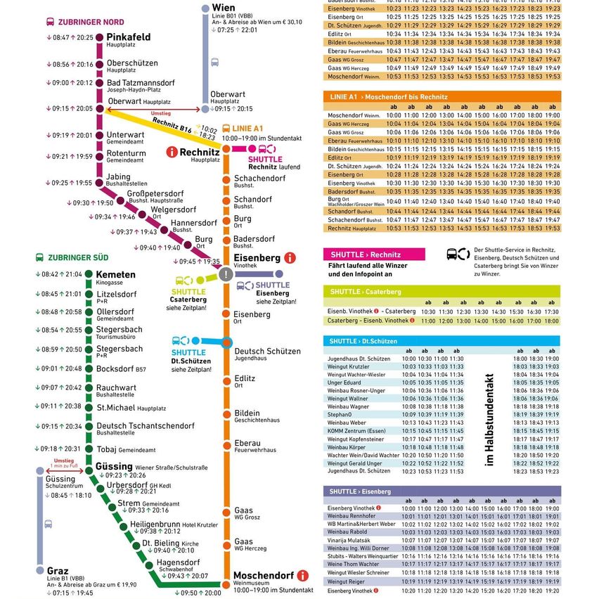 Das Bild zeigt eine öffentliche Verkehrskarte mit Routen, Fahrplänen und Haltestellen. Es enthält verschiedene Linien mit Abfahrtszeiten, Ankunftszeiten und Haltestellen. Die Karte hat ein klares Layout mit unterschiedlichen Farben für jede Route und Stationsnamen. Sie umfasst auch Shuttle-Dienste und spezielle Haltestellen.