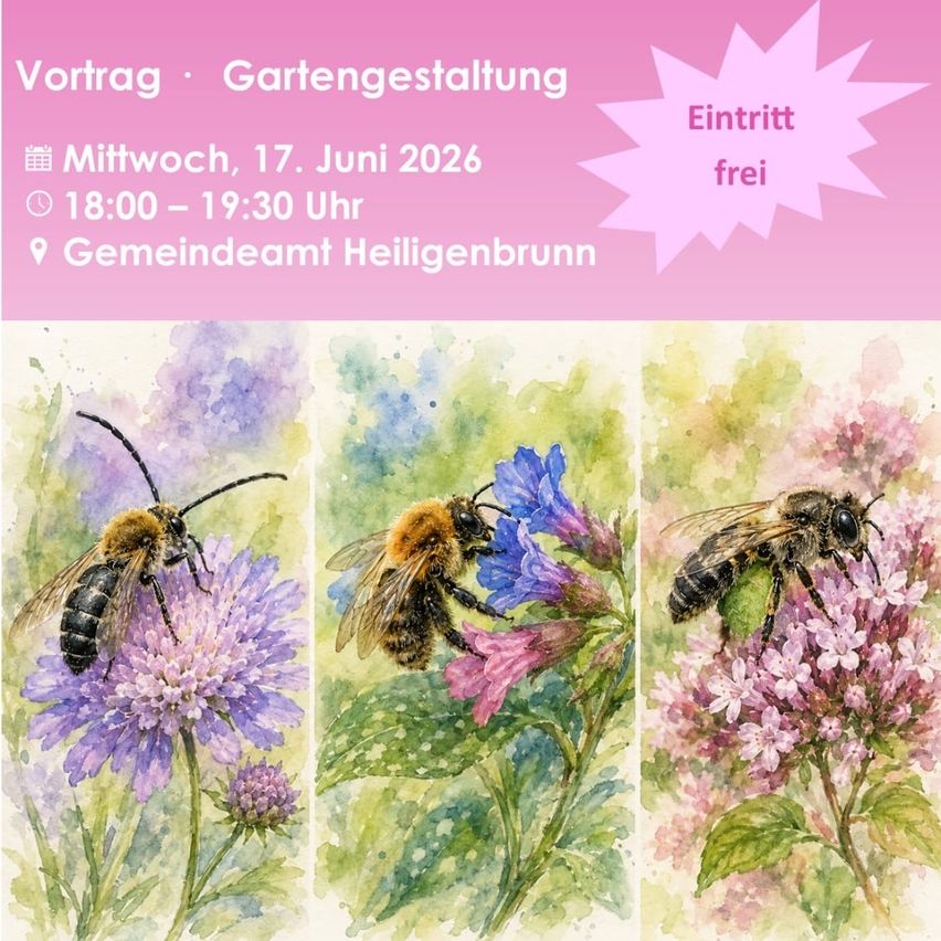 A poster features three watercolor illustrations of bees on flowers. The text reads: Vortrag · Gartengestaltung on the top left. Below is a schedule for Wednesday, June 17, 2026. The entry is free.