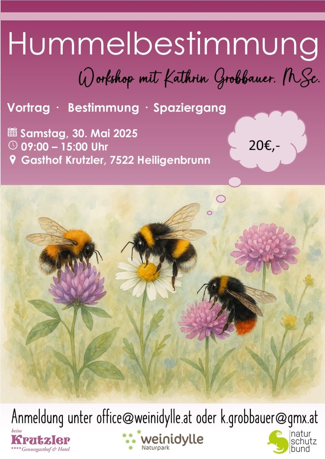 Workshop with Kathrin Grobbauer. An illustrated poster features three bees on flowers, with a price bubble saying 20€. Event details include a Saturday date, time, and location.
