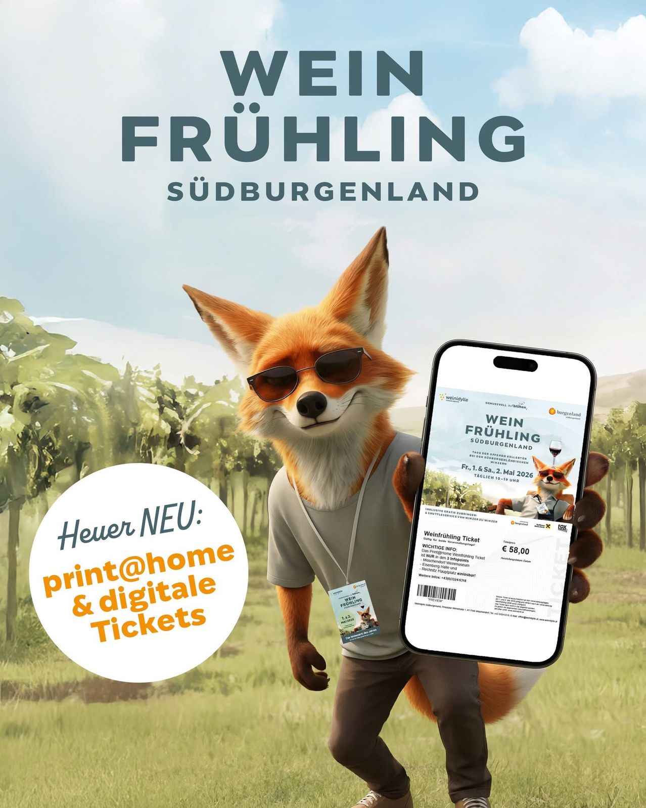 An image of a fox wearing sunglasses and holding a smartphone displaying a ticket for the Wein Frühling Südburgenland event, featuring a scenic vineyard background.