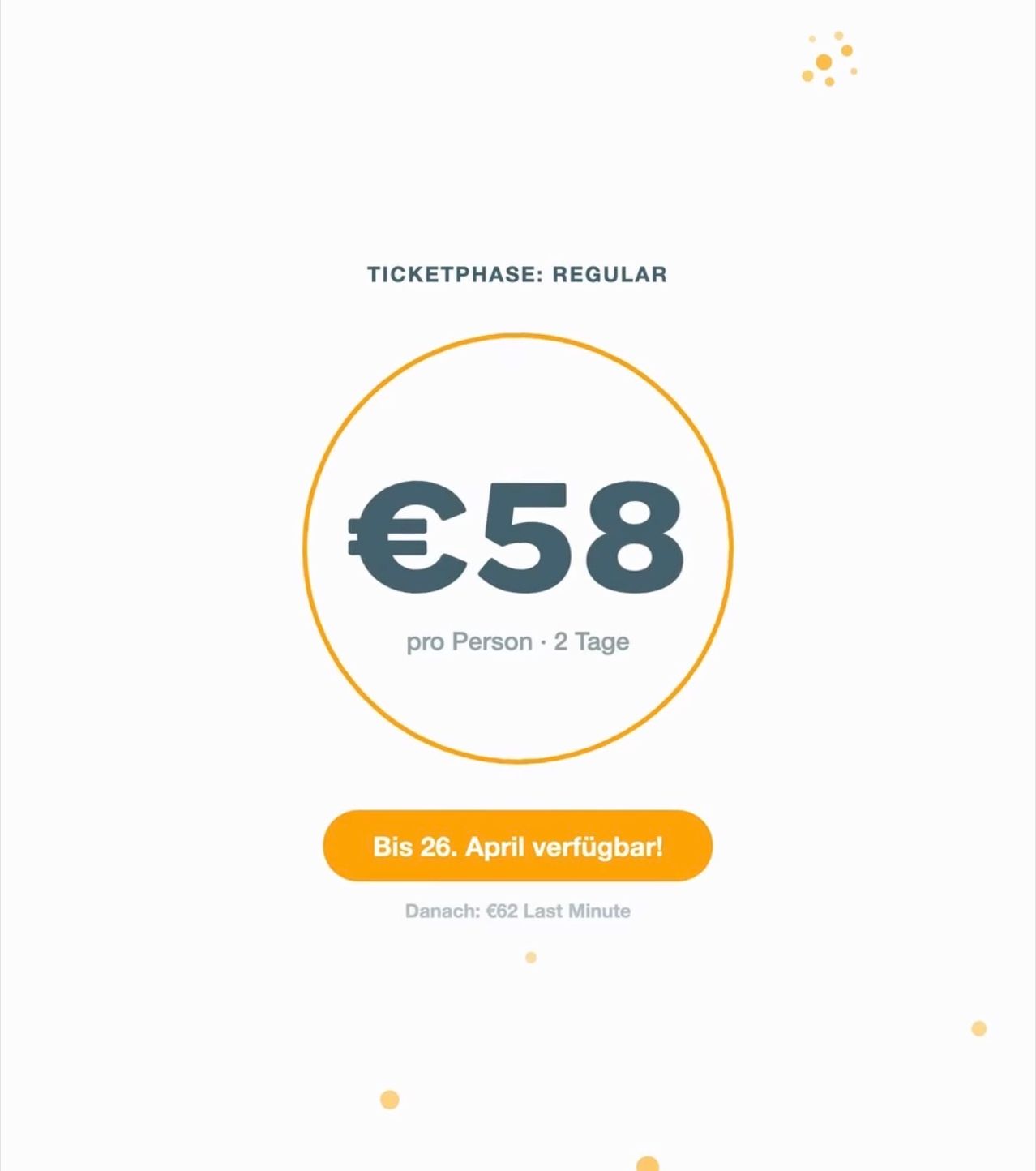 Ein kreisförmiges Grafik zeigt einen Preis von 58 Euro pro Person für 2 Tage, verfügbar bis zum 26. April. Der Text lautet 'Danach: €62 Last Minute'.