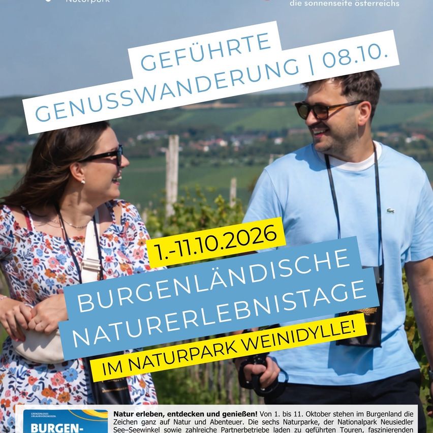 Ein Mann und eine Frau stehen in einem Weinberg, lächeln und halten Händchen. Das Bild wirbt für Burgenlandische Naturerlebnistage mit Terminen vom 1. bis 11. Oktober 2026.