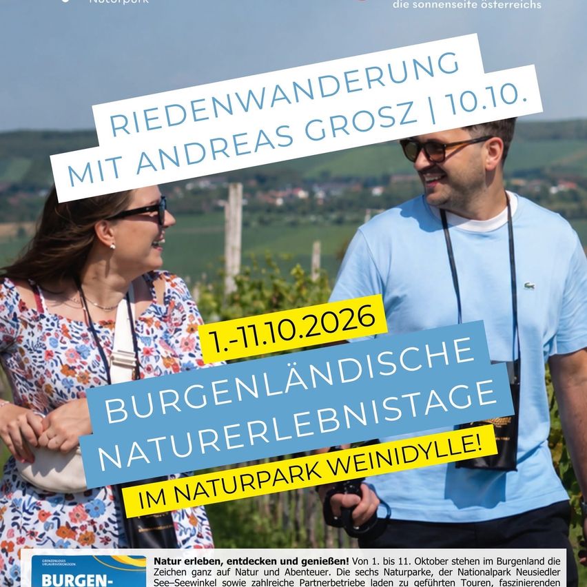Werbeposter für ein Reit- und Naturerlebnis in Burgenland, Österreich, mit einem Mann und einer Frau in einem Weinberg. Der Text ist auf Deutsch.