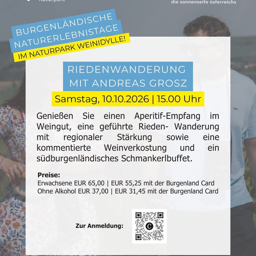 Plakat für eine geführte Reitwanderung in Burgenland, Österreich, mit einer malerischen Landschaft, einem QR-Code und Veranstaltungsdetails.