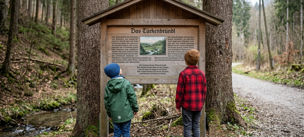 Zwei Kinder in Jacken stehen vor einem hölzernen Schild im Wald. Das Schild trägt die Aufschrift 'Das Turkenbrundl' und zeigt ein Bild eines Flusses. Sie schauen auf das Schild und den Wald.