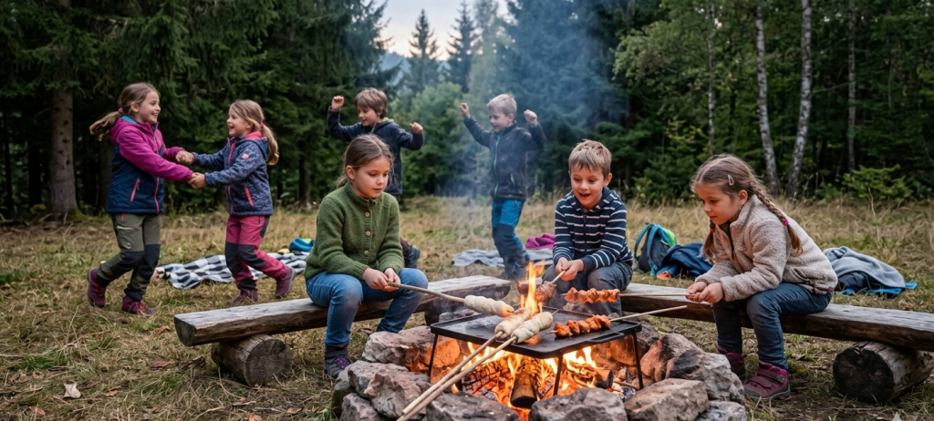 Eine Gruppe von Kindern brät Essen über einem offenen Feuer im Wald. Sie tragen Winterjacken und sitzen auf Holzbänken. Einige der Kinder tanzen im Hintergrund.