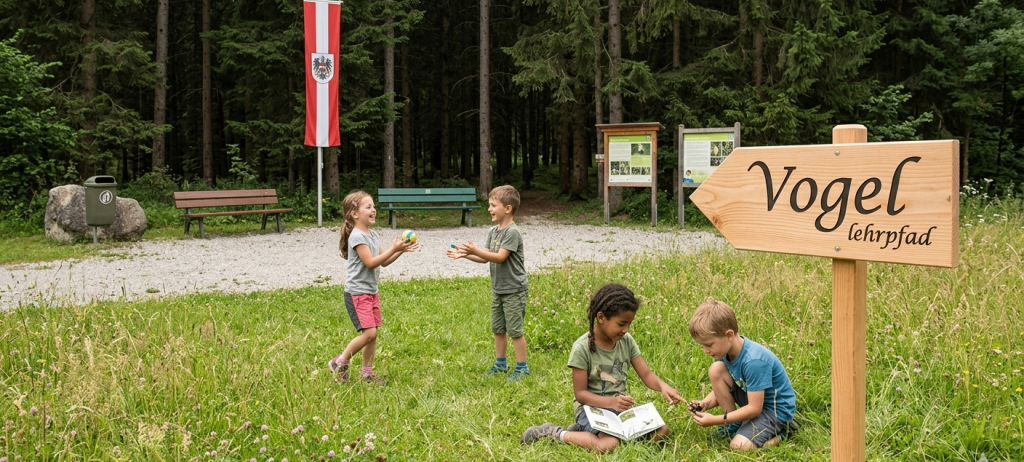 Vier Kinder spielen auf einer Wiese mit einem Schild für Vogellehrpfad im Vordergrund. Eine Fahne steht hinter ihnen.