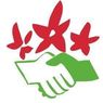 Ein Logo mit zwei Händen, die sich schütteln, jede Hand grün und weiß gefärbt, umgeben von roten Sternen und Schmetterlingssymbolen.