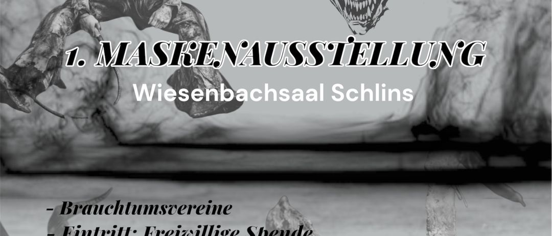 Ein Plakat für eine Maskenausstellung, die eine dämonenartige Figur zeigt. Details umfassen Termine und Zeiten für Samstag und Sonntag, freien Eintritt und einen Fotografen namens Christoph Jansen. Es wird auch die Bereitstellung von Essen und Getränken für Besucher erwähnt.