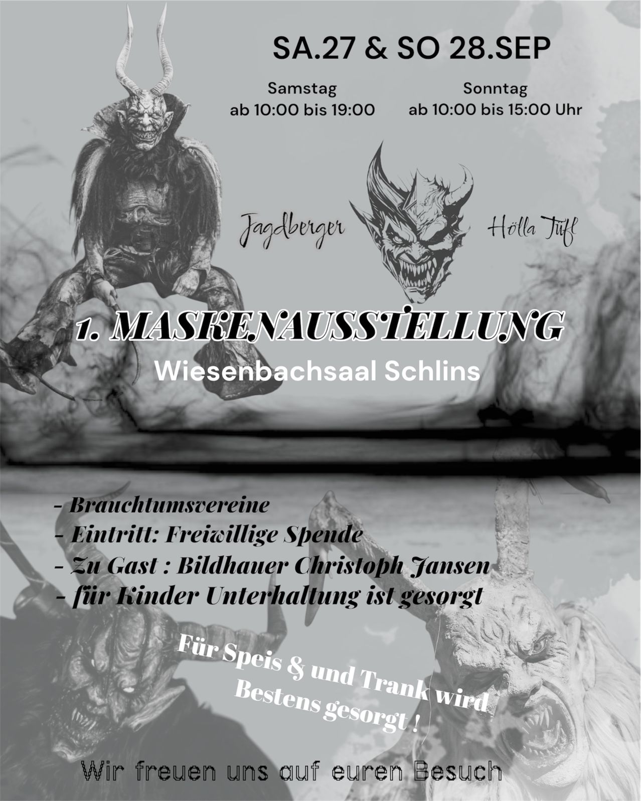Ein Plakat für eine Maskenausstellung in Wiesenbachsaal Schins mit einer gehörnten Kreatur. Es öffnet Samstag um 10:00 und Sonntag um 10:00 bis 15:00 Uhr. Der Eintritt ist frei. Essen und Getränke sind vorhanden.