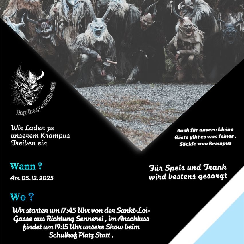 Plakat mit Krampus-Charakteren. Veranstaltungsdatum: 05.12.2025. Beginn um 17:45 von der Sankt-Loi-Gasse. Veranstaltung endet um 19:15 am Schulhof Platz.