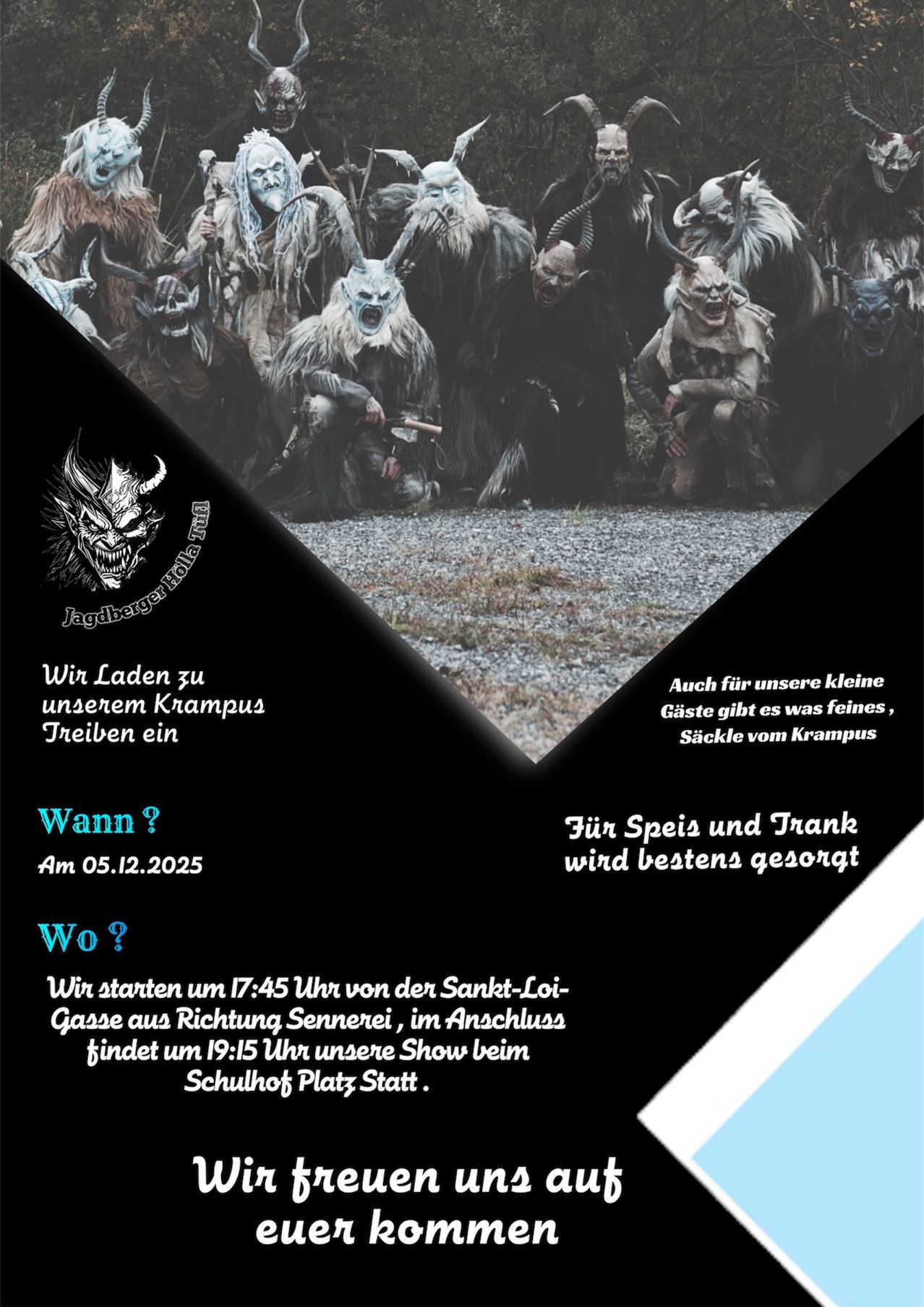 Ein Plakat mit einer Gruppe Krampus-Charakteren in Kostümen. Es steht geschrieben: 'Wir laden zu unserem Krampus-Lauf ein. Wann? 5. Dezember 2025. Wo? Beginn um 17:45 von der Sankt-Loi-Gasse Richtung Sennerei, Ende um 19:15 am Schulhof Platz.'