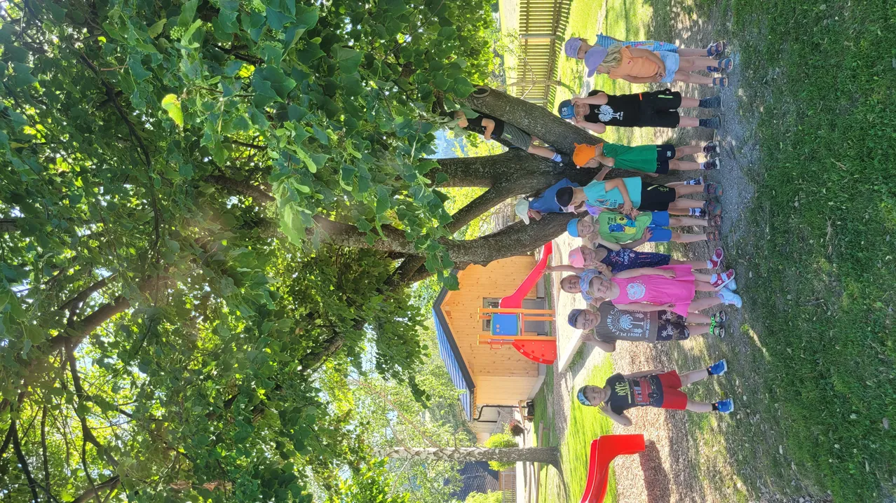 Eine Gruppe von Kindern ist unter einem großen Baum zu sehen, einige klettern darauf, andere posieren in der Nähe eines hölzernen Spielhauses mit Rutschen und einer Kletterstruktur.