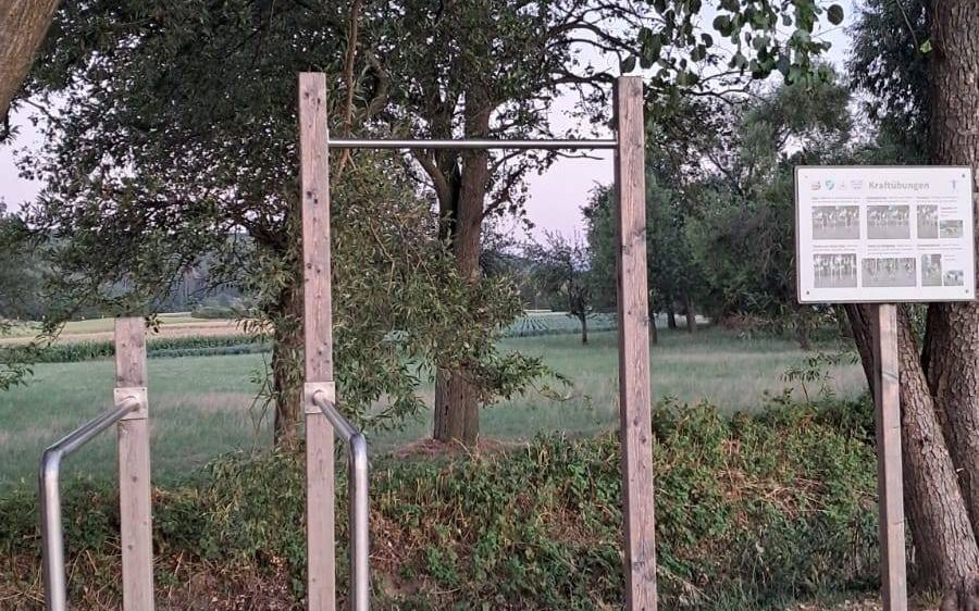 Ein Klimmzuggriff in einem Park mit einem Schild, das an einem Baumstamm befestigt ist. Das Gebiet ist von Grün umgeben und hat ein Grasfeld im Hintergrund.
