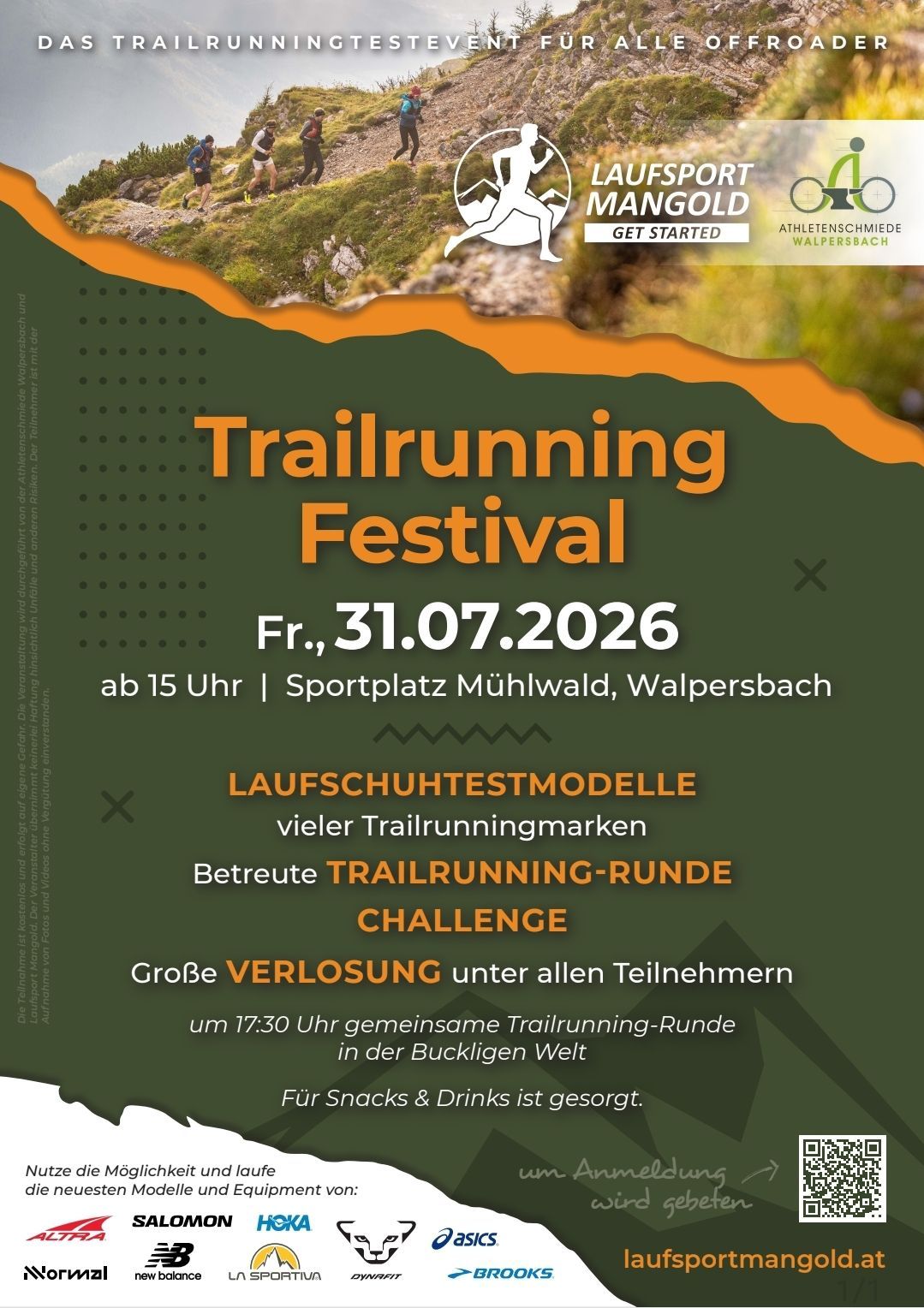 Plakat für das Trailrunning-Festival am 31.07.2026, Beginn um 15 Uhr am Sportplatz Mühlwald, Walpersbach. Präsentiert Laufmodelle, Laufrunden und eine Herausforderung. Ein großer Preis für alle Teilnehmer. Snacks und Getränke sind vorhanden.