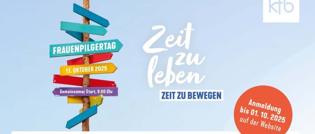 Plakat für einen Pilgerweg namens 'B01 Pilgerweg zur Lebensquelle'. Beginn um 9 Uhr am 11. Oktober 2025. Der Weg führt von der Kirche und den Weinbergen am Fuße des Rosalienbergs zur Marienquelle, vorbei an der Hubertuskapelle.