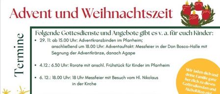 Zeitplan für Gottesdienste und Aktivitäten für Kinder. Am 29. Dezember Adventskranzbinden um 15:00 Uhr, gefolgt von einer Adventfeier um 18:00 Uhr mit dem Singen von Adventsliedern. Verschiedene Kinderveranstaltungen sind für den 4., 6., 11., 12., 14., 19. und 25. Dezember geplant.