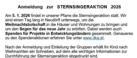 Weihnachtsbotschaften in die Häuser und Wohnungen zu bringen und um den Segen für das neue Jahr zu erbitten. Dabei werden auch Spenden für Projekte in Entwicklungsländern gesammelt. Genaueres zu den Spendenaktionen erfahren Sie unter www.dka.at.