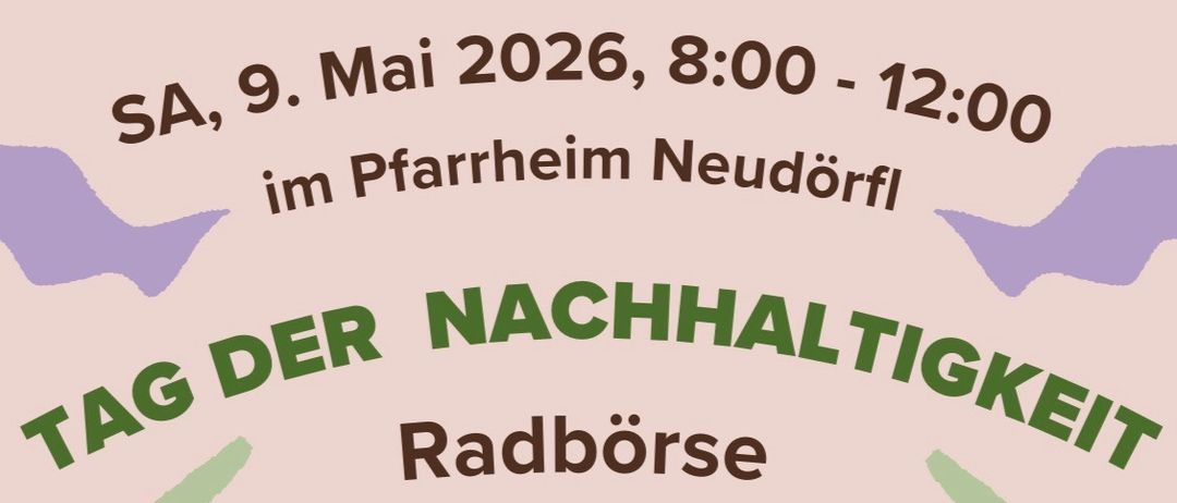 Plakat für das Tag der Nachhaltigkeit am 9. Mai 2026. Zeigt ein Fahrrad, zwei Personen und Marktstände. Organisiert von Radborse und Regionalmarkt.