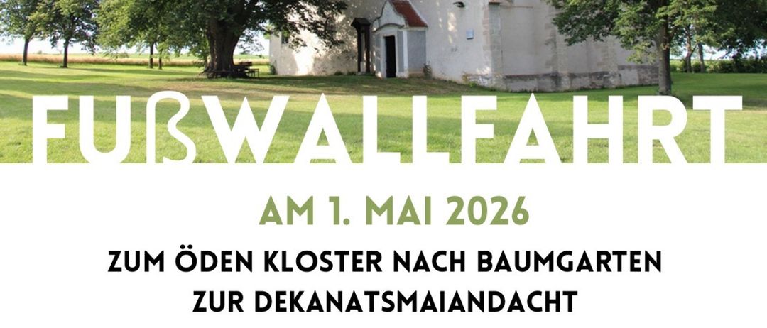 Plakat für eine Fahrradtour am 1. Mai 2026 zum verlassenen Kloster in Baumgarten. Der Treffpunkt ist um 7:15 Uhr in der Pfarrkirche Neudorf. Bitte Proviant und Getränke mitbringen!