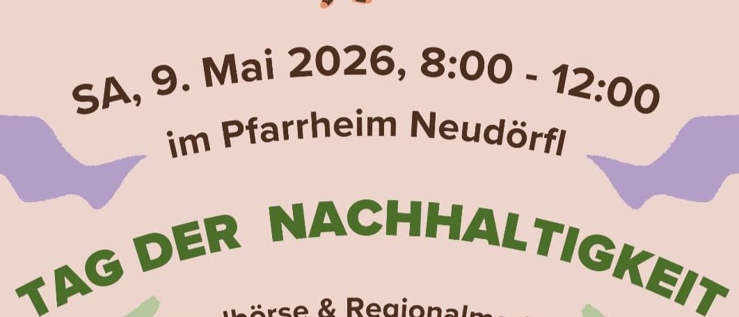 Plakat für eine Nachhaltigkeitsveranstaltung am 9. Mai 2026 mit einem Fahrrad, Pflanzen und Menschen. Die Veranstaltung umfasst einen Pflanzenaustausch, Naturaktivitäten und ein Kinderprogramm. Organisiert von EEG Neudorfl und KLAR Rosalia Kogelberg.