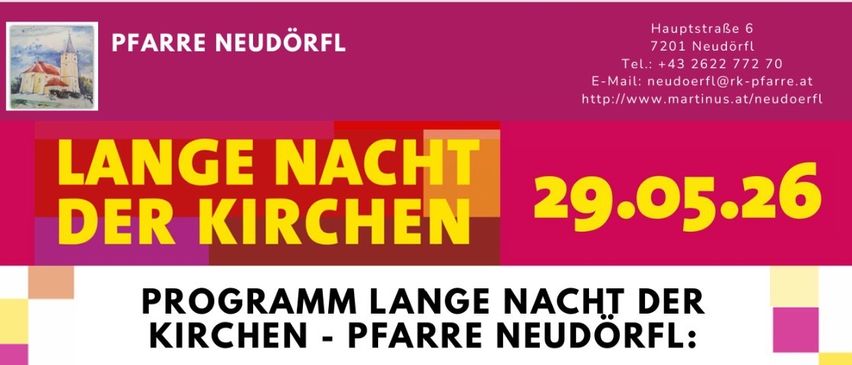 Das Abendprogramm in der Neudörfl-Kirche umfasst geführte Touren, geistliche Lieder, ein Treffen, eine Lesung und ein abschließendes Gebet. Die Veranstaltung bietet historische Einblicke, künstlerische Erkundungen und persönliche Interaktion mit dem Künstler.