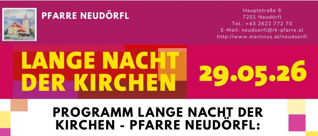 Das Abendprogramm in der Neudörfl-Kirche umfasst geführte Touren, geistliche Lieder, ein Treffen, eine Lesung und ein abschließendes Gebet. Die Veranstaltung bietet historische Einblicke, künstlerische Erkundungen und persönliche Interaktion mit dem Künstler.