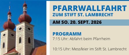 A flyer for an event at the Stift St. Lambrecht on September 20, 2026. It includes a schedule, costs, and a call to action for registration.