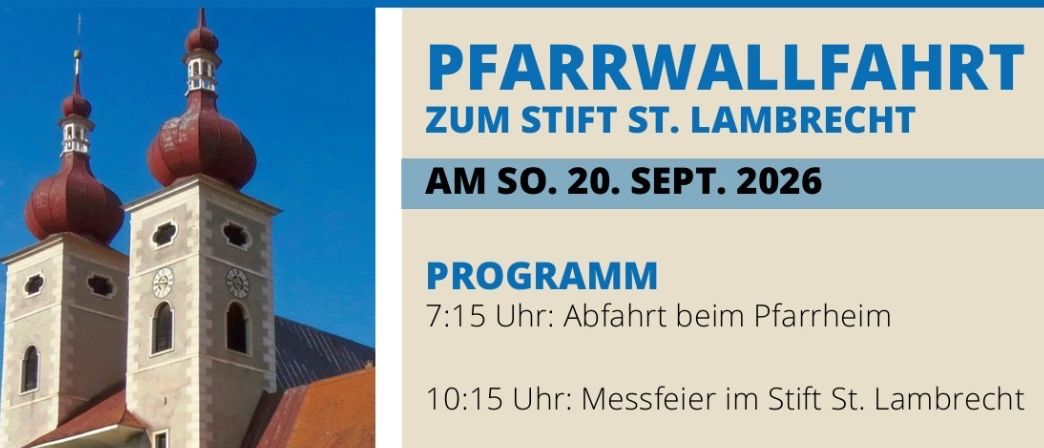 Ein Flyer für eine Veranstaltung im Stift St. Lambrecht am 20. September 2026. Er enthält einen Zeitplan, Kosten und einen Aufruf zur Anmeldung.