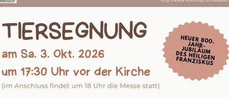 Illustration eines Hundes und einer Katze, die zusammen sitzen, umgeben von Pfotenabdrücken. Der Text auf Deutsch lautet 'Tiersegnung' und 'am Sa. 3. Okt. 2026 um 17:30 Uhr vor der Kirche'.