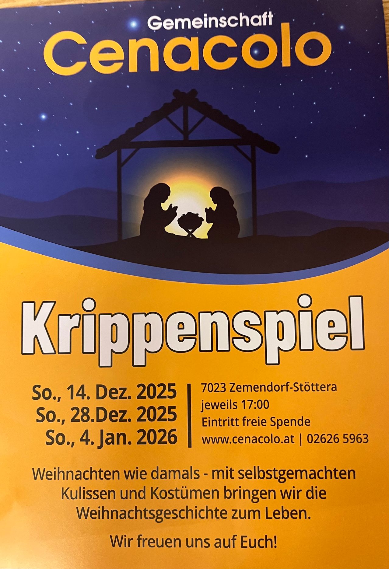 Ein Plakat für das Krippenspiel-Event zu bestimmten Terminen im Jahr 2025 und 2026. Die Veranstaltung findet in Zemendorf-Stöttera statt, mit freiem Eintritt. Es zeigt eine Krippe mit Maria und Josef.