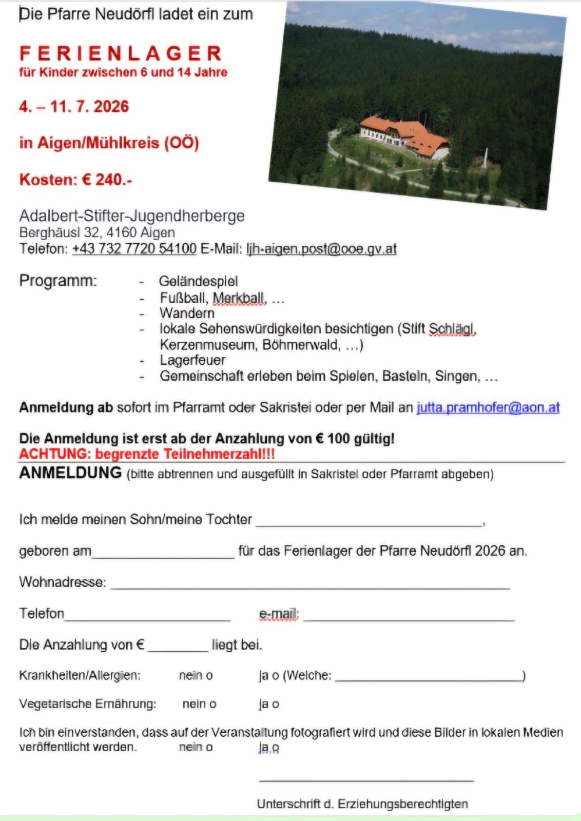 Das Dokument beschreibt ein Sommercamp-Programm im Adalbert-Stifter-Jugendherberge mit Aktivitäten wie Fußball, Wandern und Besuchen lokaler Sehenswürdigkeiten. Die Kosten betragen €240, und die Anmeldung ist begrenzt. Das Camp befindet sich in Aigen, Österreich.