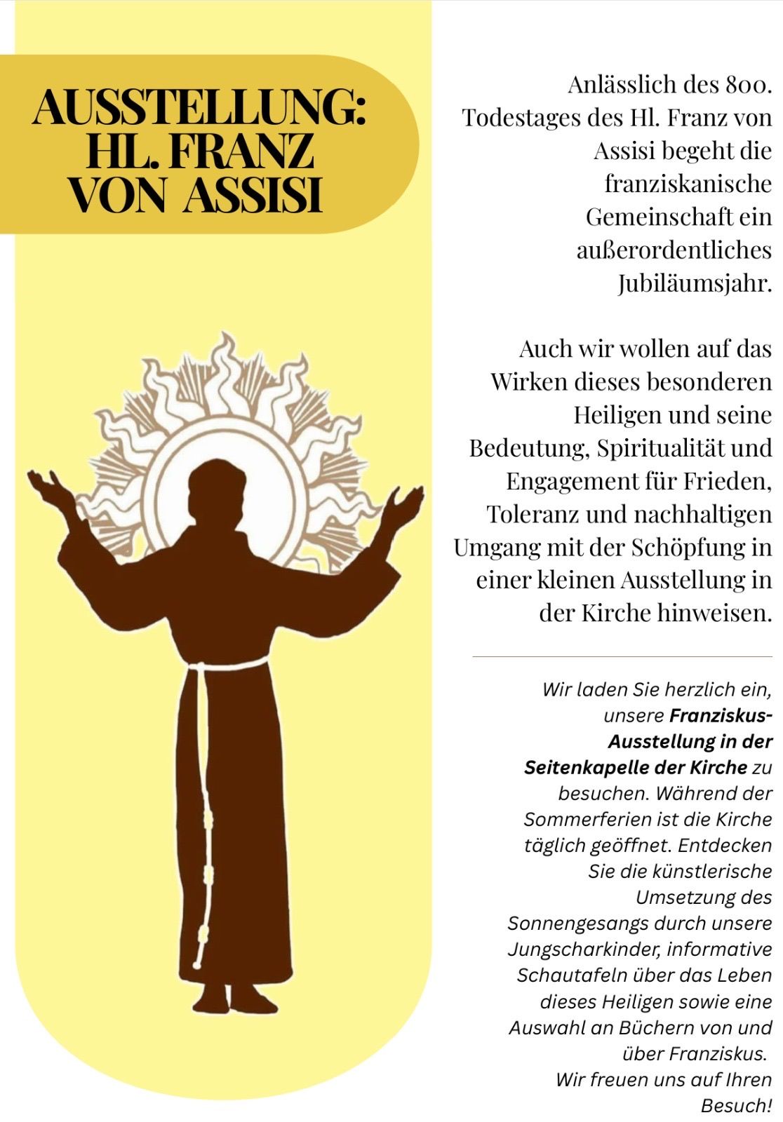 A poster with a silhouette of a person with arms outstretched, surrounded by a sun design, and text in German about a special jubilee year and an invitation to visit an exhibition in a church.