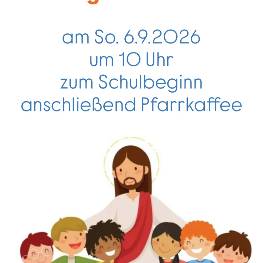 Eine Illustration von Jesus, umgeben von Kindern, mit einem Textüberlagerung, der ein Kirchenereignis am 6. September 2026 um 10 Uhr anzeigt.