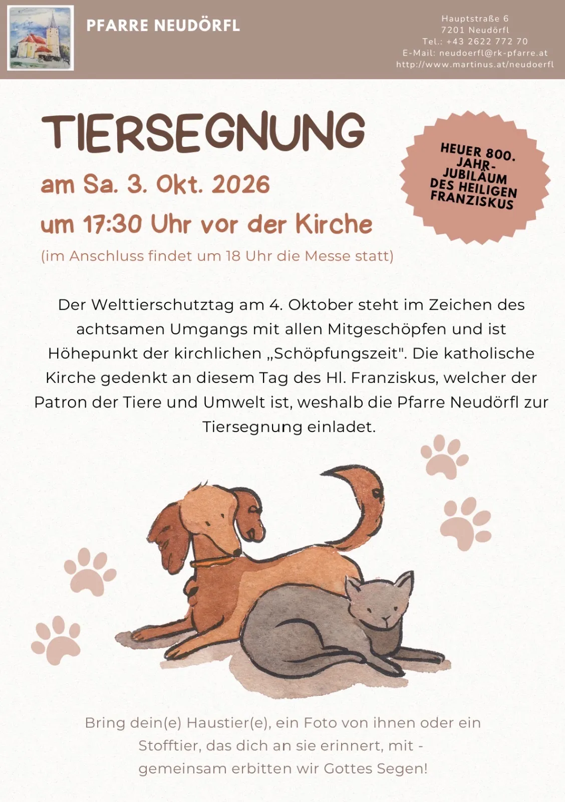 Ein Plakat für die Tiersegnungsveranstaltung am 3. Oktober 2026 um 17:30 Uhr in Neudorfl.